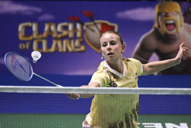 Mia Blichfeldt of Denmark hits a return during her women s singles match against Ratchanok Intanon of Thailand (not pictured) during the finals at the badminton Clash of Clans Arctic Open 2026 tournament in Vantaa, Finland, on October 11, 2026. - ANTTI AIMO-KOIVISTO Finland bvivRtV3cFw Copyright: xAnttixAimo-Koivistox bvivRtV3cFw