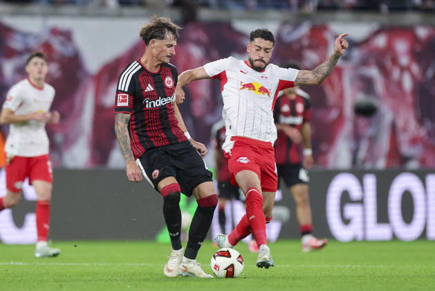 Robin Koch of Eintracht Frankfurt and Romulo Cardoso of RB Leipzig battle for the ball during the Bundesliga match between RB Leipzig and Eintracht Frankfurt, Red Bull Arena on October 10, 2026, in Leipzig, Germany. Photo by Marco Steinbrenner, DeFodi Images. Robin Koch of Eintracht Frankfurt and Romulo Cardoso of RB Leipzig battle for the ball during the Bundesliga match between RB Leipzig and Eintracht Frankfurt at Red Bull Arena on October 10, 2026 in Leipzig, Germany. Photo by Marco Steinbrenner, DeFodi Images. DFB and DFL regulations prohibit any use of photographs as image sequences and or quasi-video. Photo by Marco Steinbrenner, DeFodi Images.