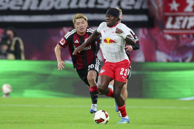 Ritsu Doan of Eintracht Frankfurt and Castello Lukeba of RB Leipzig battle for the ball during the Bundesliga match between RB Leipzig and Eintracht Frankfurt, Red Bull Arena on October 10, 2026, in Leipzig, Germany. Photo by Marco Steinbrenner, DeFodi Images. Ritsu Doan of Eintracht Frankfurt and Castello Lukeba of RB Leipzig battle for the ball during the Bundesliga match between RB Leipzig and Eintracht Frankfurt at Red Bull Arena on October 10, 2026 in Leipzig, Germany Photo by Marco Steinbrenner, DeFodi Images DFB and DFL regulations prohibit any use of photographs as image sequences and or quasi-video. Photo by Marco Steinbrenner, DeFodi Images