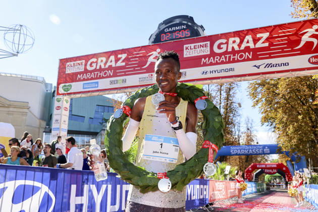 RUNNING - Graz Marathon 2026 GRAZ,AUSTRIA,11.OCT.26 - RUNNING - Graz Marathon. Image shows the rejoicing of John Maina Ndirangu (KEN). Keywords: medal.  GEPAxpictures xWolfgangxGrebien