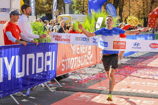 RUNNING - Graz Marathon 2026 GRAZ,AUSTRIA,11.OCT.26 - RUNNING - Graz Marathon. Image shows the rejoicing of Matthias Maldet (AUT).  GEPAxpictures xWolfgangxGrebien