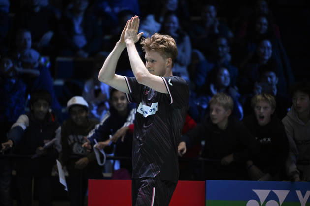 Anders Antonsen of Denmark reacts after winnig the men s singles match against Yushi Tanaka of Japan (not pictured) during the finals at the badminton Clash of Clans Arctic Open 2026 tournament in Vantaa, Finland, on October 11, 2026. - ANTTI AIMO-KOIVISTO Vantaa Finland 77s3iJmbBgA Copyright: xAnttixAimo-Koivistox 77s3iJmbBgA