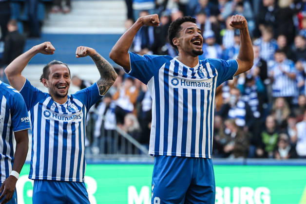 Goal celebration: Scorer Emmanuel Iyoha (1. FC Magdeburg, 8) scores to make it 2–0 with Baris Atik (1. FC Magdeburg,23 2 Bundesliga Season 2026–2027: 1 FC Magdeburg vs. Hannover 96 at the Avnet Arena in Magdeburg; Action, Soccer, Man, Men, Germany, October 10, 2026