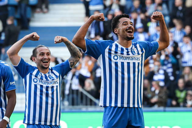 Goal celebration: Scorer Emmanuel Iyoha (1. FC Magdeburg, 8) scores to make it 2–0 with Baris Atik (1. FC Magdeburg,23 2 Bundesliga Season 2026–2027: 1 FC Magdeburg vs. Hannover 96 at the Avnet Arena in Magdeburg; Action, Soccer, Man, Men, Germany, October 10, 2026