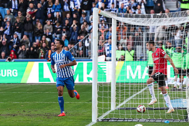 Goal celebration: Scorer Emmanuel Iyoha of 1. FC Magdeburg scores the 8th goal to make it 2-0 in the 2026-2027 Bundesliga season, 1. FC Magdeburg vs. Hannover 96 at the Avnet Arena in Magdeburg. Action, soccer, man,Men, Germany, October 10, 2026