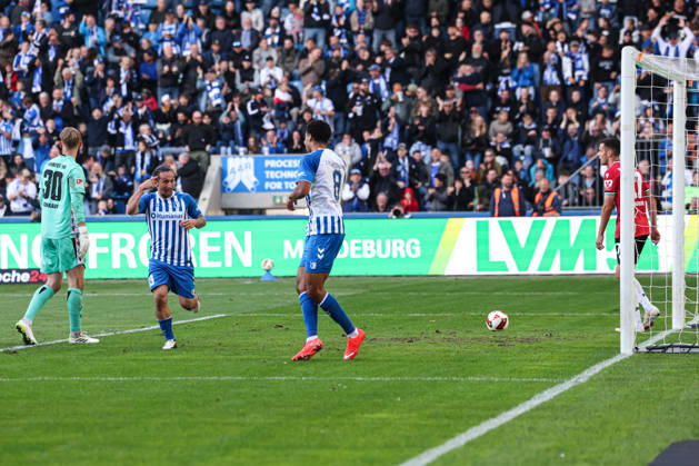 Goal celebration: Scorer Emmanuel Iyoha (1 FC Magdeburg, 8) scores to make it 2–0 with Baris Atik (1 FC Magdeburg,23 2 Bundesliga Season 2026–2027: 1 FC Magdeburg vs. Hannover 96 at the Avnet Arena in Magdeburg; Action, Soccer, Man, Men, Germany, October 10, 2026