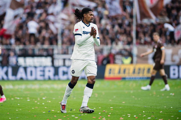 2. Bundesliga: FC St. Pauli vs. Karlsruher SC, October 11, 2026, Sandro Troumoulet (Karlsruher SC), 24 Soccer, 2. Bundesliga, Matchday 7: FC St. Pauli vs. Karlsruher SC on October 11, 2026, at Millerntor Stadium, Hamburg. DFL regulations prohibit any use of photographs as image sequences and or quasi-video. Copyright: xBEAUTIFULxSPORTS Tonhäuserx