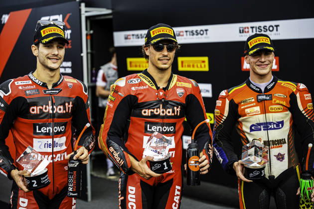 October 11, 2026, Cascais, Lisbon, Portugal: The Podium Nicolo Bulega, Iker Lecuona and Alberto Surra during the Tissot Superpole Race of the FIM Superbike World Championship, WM, Weltmeisterschaft at Circuito Estoril on October 11, 2026 in Cascais, Portugal. Motorsports 2026: WorldSBK - Tissot Estoril Round - ZUMAr200 20261011_zsp_r200_048 Copyright: xNunoxReisinhox