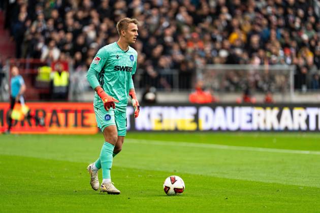Goalkeeper Hans Christian Bernat of Karlsruher SC, 01 on the ball, GER, FC St. Pauli vs. Karlsruher SC, soccer, 2. Bundesliga, Matchday 7, 2026–2027 season, October 11, 2026 DFL regulations prohibit any use of photographs as image sequences and or quasi-video, GER, FC St. Pauli vs. Karlsruher SC, soccer, 2. Bundesliga, Matchday 7, 2026–2027 season, October 11, 2026, Hamburg Copyright: xEibner-Pressefoto MaxxVincenx EP_MVN