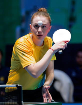Anastasiya Dymytrenko of Ukraine (photo ms1110b) at the 2026 European Table Tennis Championships in Ljubljana LJUBLJANA, SLOVENIA, OCTOBER 11, 2026 Anastasiya Dymytrenko of Ukraine (photo ms1110b) in action at the European Table Tennis Championships at Stozice Arena in Ljubljana, Slovenia. Photo by Manfred Schillings. Ljubljana, Stozice Arena, Slovenia
