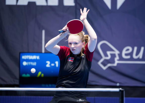 Christine Kalvatn of Norway (photo ms1050b) at the 2026 European Table Tennis Championships in Ljubljana LJUBLJANA, SLOVENIA, OCTOBER 11, 2026 Christine Kalvatn of Norway (photo ms1050b) in action at the European Table Tennis Championships at Stozice Arena in Ljubljana, Slovenia. Photo by Manfred Schillings. Ljubljana, Stozice Arena, Slovenia