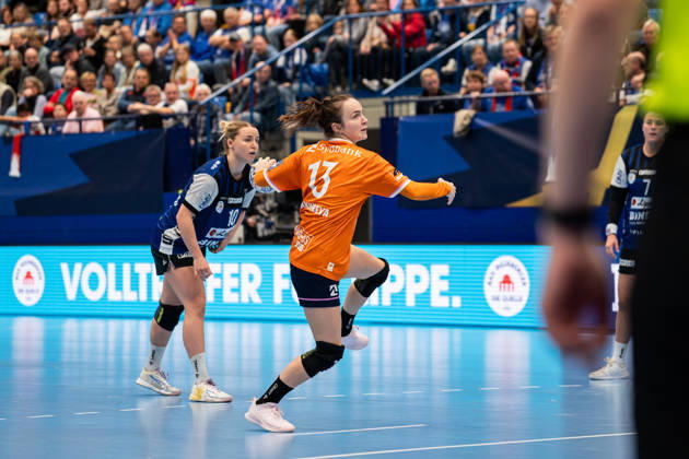 HSG Blomberg Lippe (GER) vs. Odense Handbold (DEN), Handball, EHF Champions League Women, Group Stage, October 11, 2026, 2026–2027 Season, Lemgo’s Anna Vyakhireva vs. Odense Handbold, 13 on a 7-meter throw at the Lemgo Phoenix Contact Arena, Germany