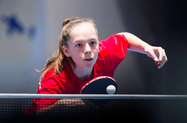 Fanny Doutaz of Switzerland (photo ms1126b) at the 2026 European Table Tennis Championships in Ljubljana LJUBLJANA, SLOVENIA, OCTOBER 11, 2026 Fanny Doutaz of Switzerland (photo ms1126b) in action at the European Table Tennis Championships at Stozice Arena in Ljubljana, Slovenia. Photo by Manfred Schillings. Ljubljana, Stozice Arena, Slovenia