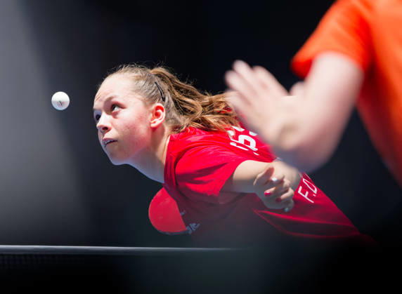 Fanny Doutaz of Switzerland (photo ms1127b) at the 2026 European Table Tennis Championships in Ljubljana LJUBLJANA, SLOVENIA, OCTOBER 11, 2026 Fanny Doutaz of Switzerland (photo ms1127b) in action at the European Table Tennis Championships at Stozice Arena in Ljubljana, Slovenia. Photo by Manfred Schillings. Ljubljana, Stozice Arena, Slovenia