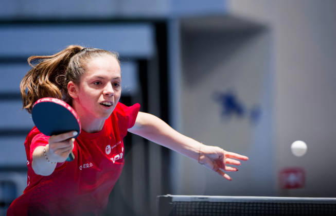 Fanny Doutaz of Switzerland (photo ms1128b) at the 2026 European Table Tennis Championships in Ljubljana LJUBLJANA, SLOVENIA, OCTOBER 11, 2026 Fanny Doutaz of Switzerland (photo ms1128b) in action at the European Table Tennis Championships at Stozice Arena in Ljubljana, Slovenia. Photo by Manfred Schillings. Ljubljana, Stozice Arena, Slovenia