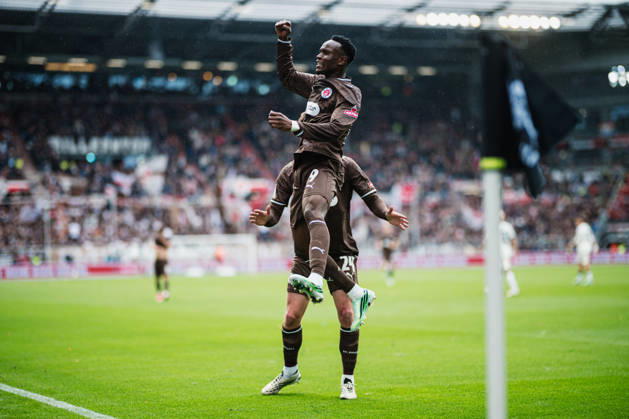 2. Bundesliga: FC St. Pauli vs. Karlsruher SC, October 11, 2026 – Goal, celebration by Abdoulie Ceesay (FC St. Pauli), 9–1. Soccer, 2. Bundesliga, Matchday 7: FC St. Pauli vs. Karlsruher SC on October 11, 2026, at Millerntor Stadium, Hamburg. DFL regulations prohibit any use of photographs as image sequences and or quasi-video. Copyright: xBEAUTIFULxSPORTS Tonhäuserx