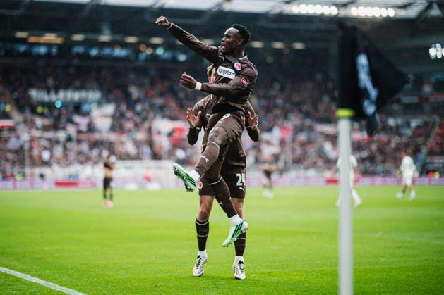 2. Bundesliga: FC St. Pauli vs. Karlsruher SC, October 11, 2026 – Goal, celebration by Abdoulie Ceesay (FC St. Pauli), 9–1. Soccer, 2. Bundesliga, Matchday 7: FC St. Pauli vs. Karlsruher SC on October 11, 2026, at Millerntor Stadium, Hamburg. DFL regulations prohibit any use of photographs as image sequences and or quasi-video. Copyright: xBEAUTIFULxSPORTS Tonhäuserx