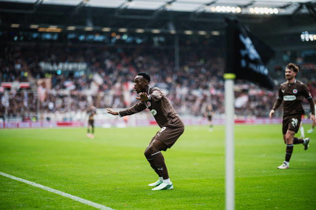 2. Bundesliga: FC St. Pauli vs. Karlsruher SC, October 11, 2026 – Goal, celebration by Abdoulie Ceesay (FC St. Pauli), 9–1 Soccer, 2. Bundesliga, Matchday 7: FC St. Pauli vs. Karlsruher SC on October 11, 2026, at Millerntor Stadium, Hamburg. DFL regulations prohibit any use of photographs as image sequences and or quasi-video. Copyright: xBEAUTIFULxSPORTS Tonhäuserx