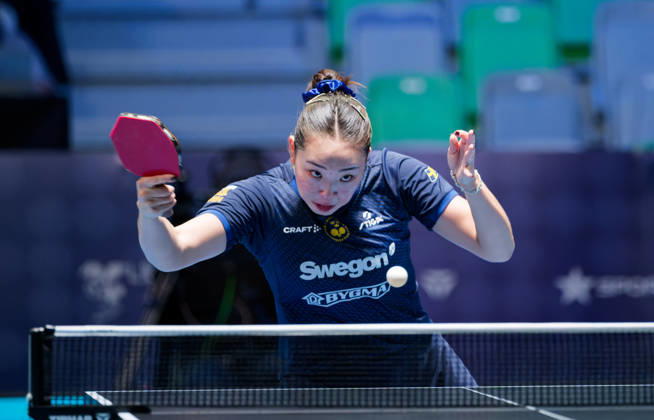Nomin Baasan of Sweden (photo ms1046b) at the 2026 European Table Tennis Championships in Ljubljana LJUBLJANA, SLOVENIA, OCTOBER 11, 2026 Nomin Baasan of Sweden (photo ms1046b) in action at the European Table Tennis Championships at Stozice Arena in Ljubljana, Slovenia. Photo by Manfred Schillings. Ljubljana, Stozice Arena, Slovenia