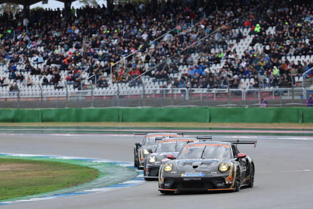 Hockenheim, Germany October 9–11, 2026 Porsche Sixt Carrera Cup Germany 2026 Season Finale Hockenheimring Sunday Race 2 Pictured: Chester Kieffer LUX 11 ahead of Keagan Masters ZA 3 and Flynt Schuring NED 12 in front of a packed grandstand at the Hockenheimring Baden-Württemberg Copyright: xFotostandx xFWMEDIAx