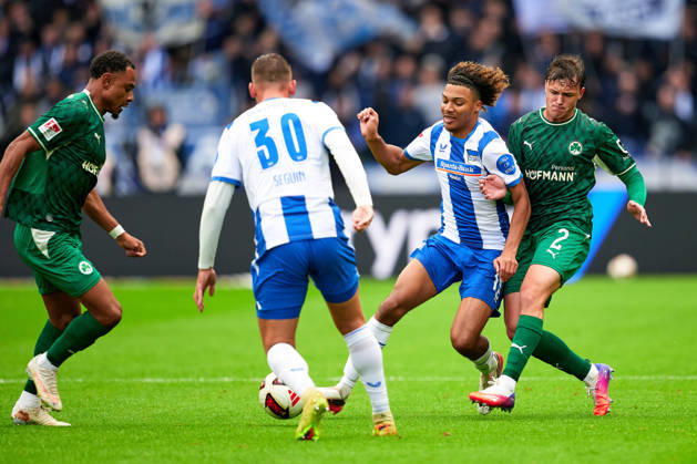 Oluwaseun Victor Adewumi, Hertha BSC, 19; Lukas Reich, Greuther Fürth, 02; Paul Seguin, Hertha BSC, 30; GER; Hertha BSC vs. SPVGG Greuther Fürth, 2. Bundesliga, 2026–27 season, Matchday 7, October 11, 2026 DFL regulations prohibit any use of photographs as image sequences and or quasi-video GER, Hertha BSC vs. SPVGG Greuther Fürth, 2. Bundesliga, 2026–27 Season, Matchday 7, October 11, 2026, Berlin Copyright: xClaudiusxRauch,xEibner-Pressefotox xClaudiusxRauchx EP_CRH