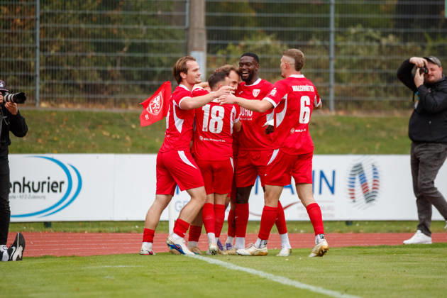 Goal celebration 1-0 (from left to right): Janis Juckel (Greifswald), Marcus Niemitz (Greifswald), goal scorer Felix Heim (Greifswald), Mcmoordy Hüther (Greifswald), and Lukas Walchhütter (Greifswald), GER; Greifswalder FC vs. FC Erzgebirge Aue; soccer; men’s; Northeast Regional League; Matchday 12; 2026–2027 season; October 11, 2026, Greifswald Volksstadion, Mecklenburg-Western Pomerania, Germany