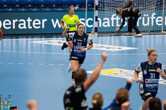 HSG Blomberg Lippe GER vs. Odense Handbold DEN, Handball, EHF Champions League Women, Group Stage, October 11, 2026, 2026–2027 Season, Lemgo’s Elin Magnusdottir of HSG Blomberg Lippe, 33, celebrates after scoring a goal at the Lemgo Phoenix Contact Arena in Germany