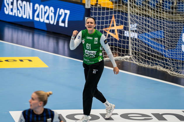 HSG Blomberg Lippe GER vs. Odense Handbold DEN, Handball, EHF Champions League Women, Group Stage, October 11, 2026, 2026–2027 Season, Lemgo’s Nicole Roth of HSG Blomberg Lippe, 61, celebrates after a save at the Lemgo Phoenix Contact Arena in Germany