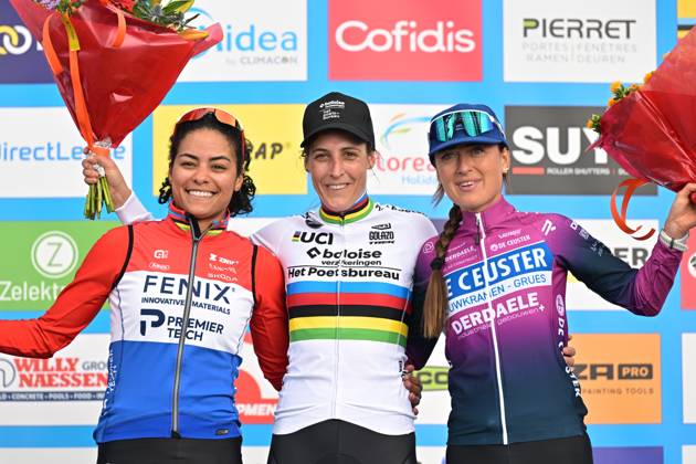 Netherlands Ceylin Del Carmen Alvarado; Netherlands Lucinda Brand and Netherlands Denise Betsema celebrate on the podium after the women elite race of the Mosselcross cyclocross cycling event, on Sunday 11 October 2026, in Dendermonde, the first race (out of 7) of the HG Cross competition. DAVIDxPINTENS x189446614x