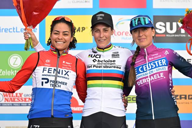 Netherlands Ceylin Del Carmen Alvarado; Netherlands Lucinda Brand and Netherlands Denise Betsema celebrate on the podium after the women elite race of the Mosselcross cyclocross cycling event, on Sunday 11 October 2026, in Dendermonde, the first race (out of 7) of the HG Cross competition. DAVIDxPINTENS x189446782x