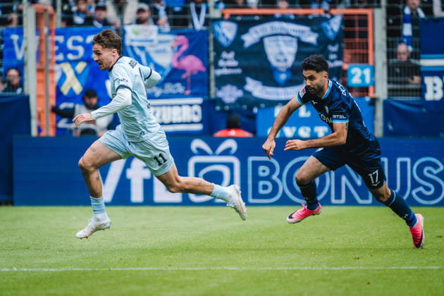 Bochum, Germany October 11, 2026 2. Bundesliga 2026–2027 Matchday 7 VfL Bochum 1848 vs. DSC Arminia Bielefeld Pictured, from left, in a footrace: Joel Grodowski (DSC) and Gerrit Holtmann (BOC). DFL and DFB regulations prohibit any use of photographs as image sequences and or quasi-video Vonovia Ruhrstadion, North Rhine-Westphalia Copyright: xFotostandx xGraebex