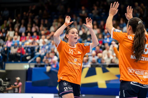 HSG Blomberg Lippe GER vs. Odense Handbold DEN, Handball, EHF Champions League Women, Group Stage, October 11, 2026, 2026–2027 Season, Lemgo, Mie Enggrob, Hojlund, Odense Handbold; 32 celebrates after scoring a goal at the Lemgo Phoenix Contact Arena in Germany
