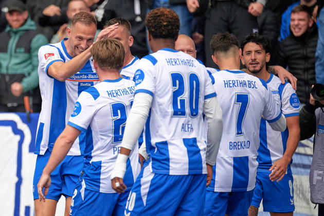 Mads Pedersen, Hertha BSC, 22, shot on goal for the 1-0 lead; Hertha celebrates; Mads Pedersen, Hertha BSC, 22, GER; Hertha BSC vs. SPVGG Greuther Fürth, 2. Bundesliga, 2026–27 season, Matchday 7, October 11, 2026. DFL regulations prohibit any use of photographs as image sequences and or quasi-video. GER, Hertha BSC vs. SPVGG Greuther Fürth, 2. Bundesliga, 2026–27 season, Matchday 7, October 11, 2026, Berlin Copyright: xClaudiusxRauch,xEibner-Pressefotox xClaudiusxRauchx EP_CRH