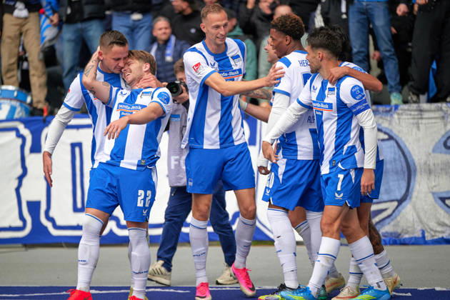 Mads Pedersen, Hertha BSC, 22, shot on goal for the 1-0 lead; Hertha celebrates; Mads Pedersen, Hertha BSC, 22, GER; Hertha BSC vs. SPVGG Greuther Fürth, 2. Bundesliga, 2026–27 season, Matchday 7, October 11, 2026. DFL regulations prohibit any use of photographs as image sequences and or quasi-video. GER, Hertha BSC vs. SPVGG Greuther Fürth, 2. Bundesliga, 2026–27 season, Matchday 7, October 11, 2026, Berlin Copyright: xClaudiusxRauch,xEibner-Pressefotox xClaudiusxRauchx EP_CRH