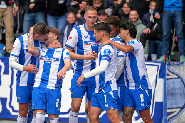 Mads Pedersen, Hertha BSC, 22, shot on goal for the 1-0 lead; Hertha celebrates; Mads Pedersen, Hertha BSC, 22, GER; Hertha BSC vs. SPVGG Greuther Fürth, 2. Bundesliga, 2026–27 season, Matchday 7, October 11, 2026. DFL regulations prohibit any use of photographs as image sequences and or quasi-video. GER, Hertha BSC vs. SPVGG Greuther Fürth, 2. Bundesliga, 2026–27 season, Matchday 7, October 11, 2026, Berlin Copyright: xClaudiusxRauch,xEibner-Pressefotox xClaudiusxRauchx EP_CRH
