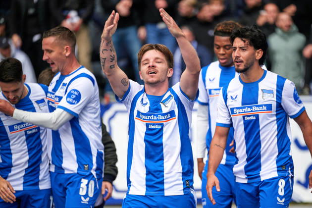 Mads Pedersen, Hertha BSC, 22, shot on goal for the 1-0 lead; Hertha celebrates; Mads Pedersen, Hertha BSC, 22, GER; Hertha BSC vs. SPVGG Greuther Fürth, 2. Bundesliga, 2026–27 season, Matchday 7, October 11, 2026. DFL regulations prohibit any use of photographs as image sequences and or quasi-video. GER, Hertha BSC vs. SPVGG Greuther Fürth, 2. Bundesliga, 2026–27 season, Matchday 7, October 11, 2026, Berlin Copyright: xClaudiusxRauch,xEibner-Pressefotox xClaudiusxRauchx EP_CRH