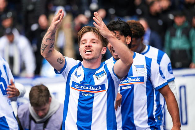 Mads Pedersen, Hertha BSC, 22, shot on goal for the 1-0 lead; Hertha celebrates; Mads Pedersen, Hertha BSC, 22, GER; Hertha BSC vs. SPVGG Greuther Fürth, 2. Bundesliga, 2026–27 season, Matchday 7, October 11, 2026. DFL regulations prohibit any use of photographs as image sequences and or quasi-video. GER, Hertha BSC vs. SPVGG Greuther Fürth, 2. Bundesliga, 2026–27 season, Matchday 7, October 11, 2026, Berlin Copyright: xClaudiusxRauch,xEibner-Pressefotox xClaudiusxRauchx EP_CRH