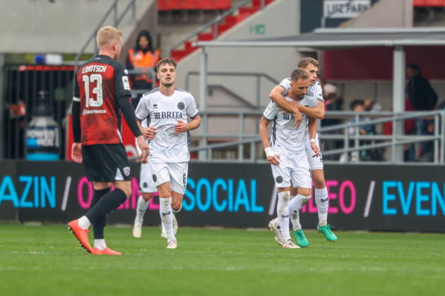 Ingolstadt, Germany October 11, 2026 3rd Division 2026–2027 Matchday 8 FC Ingolstadt 04 vs. SV Wehen Wiesbaden Pictured in the crowd: goal scorer Florian Hübner (Huebner) of SVWW celebrates his 0–1 goal with his teammates, DFB and DFL regulations prohibit any use of photographs as image sequences and or quasi-video Copyright: xFotostandx xSchäferx