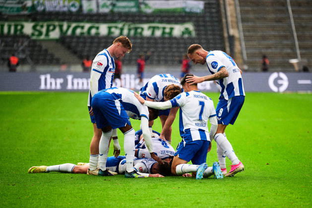 Hertha BSC Berlin celebrates a 2–0 lead, Gustaf Nilsson (Hertha BSC), 09, GER, Hertha BSC vs. SPVGG Greuther Fürth, 2. Bundesliga, 2026–27 season, Matchday 7, October 11, 2026. DFL regulations prohibit any use of photographs as image sequences and or quasi-video. GER, Hertha BSC vs. SPVGG Greuther Fürth, 2. Bundesliga, 2026–27 season, Matchday 7, October 11, 2026, Berlin Copyright: xClaudiusxRauch,xEibner-Pressefotox xClaudiusxRauchx EP_CRH