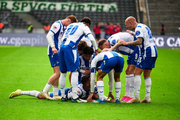Hertha BSC Berlin celebrates a 2–0 lead, Gustaf Nilsson (Hertha BSC), 09, GER, Hertha BSC vs. SPVGG Greuther Fürth, 2. Bundesliga, 2026–27 season, Matchday 7, October 11, 2026. DFL regulations prohibit any use of photographs as image sequences and or quasi-video. GER, Hertha BSC vs. SPVGG Greuther Fürth, 2. Bundesliga, 2026–27 season, Matchday 7, October 11, 2026, Berlin Copyright: xClaudiusxRauch,xEibner-Pressefotox xClaudiusxRauchx EP_CRH