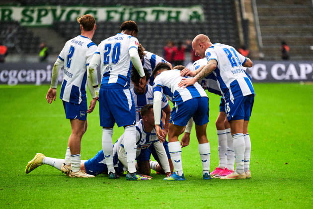 Hertha BSC Berlin celebrates a 2–0 lead, Gustaf Nilsson (Hertha BSC), 09, GER, Hertha BSC vs. SPVGG Greuther Fürth, 2. Bundesliga, 2026–27 season, Matchday 7, October 11, 2026. DFL regulations prohibit any use of photographs as image sequences and or quasi-video. GER, Hertha BSC vs. SPVGG Greuther Fürth, 2. Bundesliga, 2026–27 season, Matchday 7, October 11, 2026, Berlin Copyright: xClaudiusxRauch,xEibner-Pressefotox xClaudiusxRauchx EP_CRH