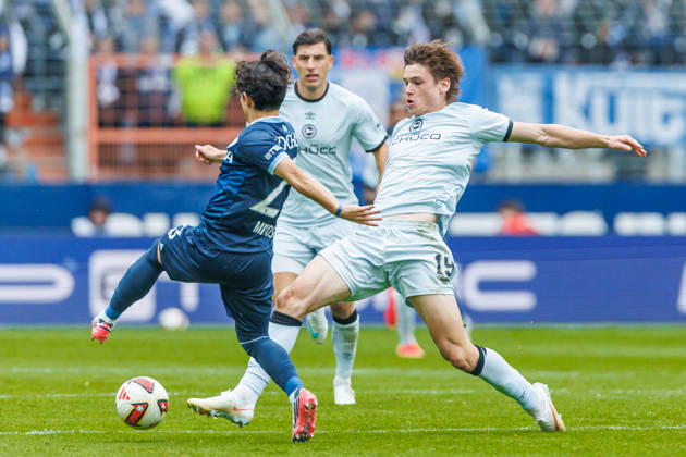 Koji Miyoshi of VfL Bochum and Maximilian Grosser of DSC Arminia Bielefeld battle for the ball during the 2. Bundesliga match between VfL Bochum and Arminia Bielefeld at Ruhrstadion on October 11, 2026, in Bochum, Germany. Photo by Mario Hommes, DeFodi Images. Koji Miyoshi of VfL Bochum and Maximilian Grosser of DSC Arminia Bielefeld battle for the ball during the 2. Bundesliga match between VfL Bochum and Arminia Bielefeld at Vonovia Ruhrstadion on October 11, 2026 in Bochum, Germany. Photo by Mario Hommes, DeFodi Images. DFB and DFL regulations prohibit any use of photographs as image sequences and or quasi-video. Photo by Mario Hommes, DeFodi Images.