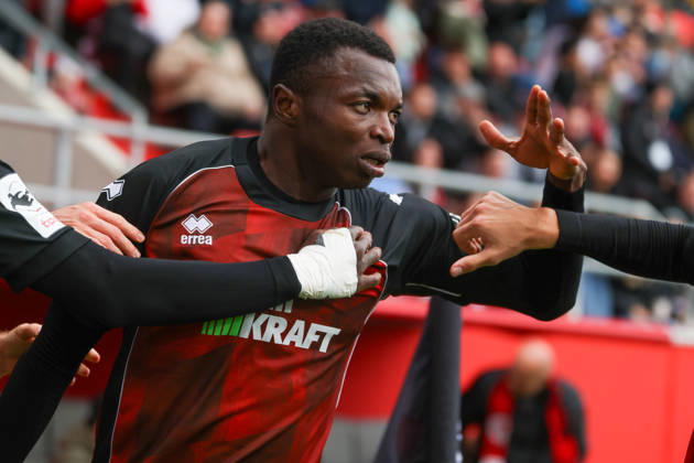 Ingolstadt, Germany, October 11, 2026, 3rd League 2026–2027, Matchday 8: FC Ingolstadt 04 vs. SV Wehen Wiesbaden. Pictured: Goal scorer Obed Ugondu. FCI celebrates after his goal to tie the game at 2–2. DFB and DFL regulations prohibit any use of photographs as image sequences and or quasi-video Copyright: xFotostandx xSchäferx