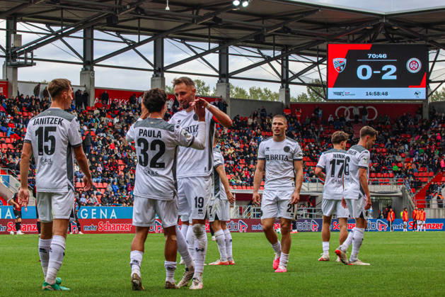 Raul Paula of SV Wehen Wiesbaden, No. 32, scores to make it 0–2 and rightfully celebrates with Florian Huebner of SV Wehen Wiesbaden, who scored the first goal (1–0), No. 19, during the match between FC Ingolstadt 04 and SV Wehen Wiesbaden on October 11, 2026, DFB regulations prohibit any use of photographs as image sequences and or quasi-video. GER, Soccer, 3. Liga, Matchday 8, FC Ingolstadt 04 vs. SV Wehen Wiesbaden, October 11, 2026, Audi Sportpark Ingolstadt Copyright: xEibner-Pressefoto OliverxSTRISCHx EP-OSH