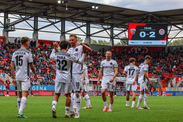 Raul Paula of SV Wehen Wiesbaden, No. 32, scores to make it 0–2 and rightfully celebrates with Florian Huebner of SV Wehen Wiesbaden, who scored the first goal (1–0), No. 19, during the match between FC Ingolstadt 04 and SV Wehen Wiesbaden on October 11, 2026, DFB regulations prohibit any use of photographs as image sequences and or quasi-video. GER, Soccer, 3. Liga, Matchday 8, FC Ingolstadt 04 vs. SV Wehen Wiesbaden, October 11, 2026, Audi Sportpark Ingolstadt Copyright: xEibner-Pressefoto OliverxSTRISCHx EP-OSH