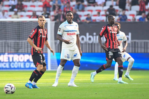OGC Nice v RC Strasbourg Alsace - Ligue 1 McDonald s 2026 2027 Gauthier HEIN of Nice and Dario Essugo of Strasbourg , Djibril COULIBALY of Nice during Ligue 1 McDonald s match between Nice and Strasbourg at Allianz Riviera Stadium on October 11, 2026 in Nice, France. Nice France  Copyright: xIconxSportx 776573383