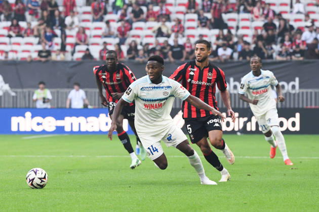OGC Nice v RC Strasbourg Alsace - Ligue 1 McDonald s 2026 2027 Dario Essugo of Strasbourg and Mohamed ABDELMONEM of Nice during Ligue 1 McDonald s match between Nice and Strasbourg at Allianz Riviera Stadium on October 11, 2026 in Nice, France. Nice France  Copyright: xIconxSportx 776573383