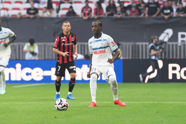OGC Nice v RC Strasbourg Alsace - Ligue 1 McDonald s 2026 2027 Pape Demba DIOP of RC Strasbourg and Gauthier HEIN of Nice during Ligue 1 McDonald s match between Nice and Strasbourg at Allianz Riviera Stadium on October 11, 2026 in Nice, France. Nice France  Copyright: xIconxSportx 776573383