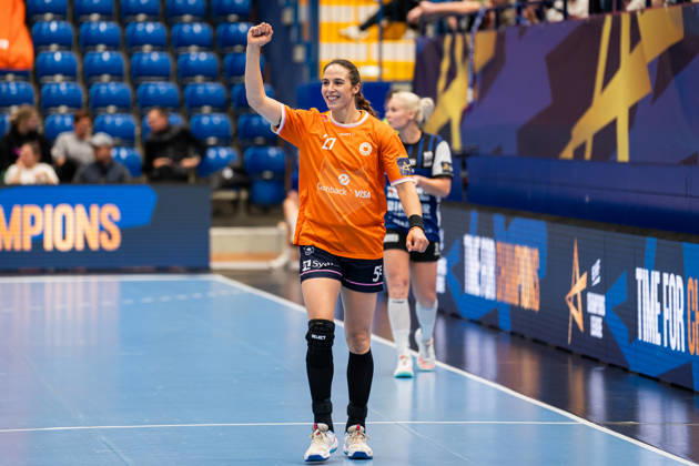 HSG Blomberg Lippe (GER) vs. Odense Handbold (DEN), Handball, EHF Champions League Women, Group Stage, October 11, 2026, 2026–2027 Season, Lemgo’s Louise Vinter Burgaard of Odense Handbold, 27, celebrates after scoring a goal at the Lemgo Phoenix Contact Arena in Germany