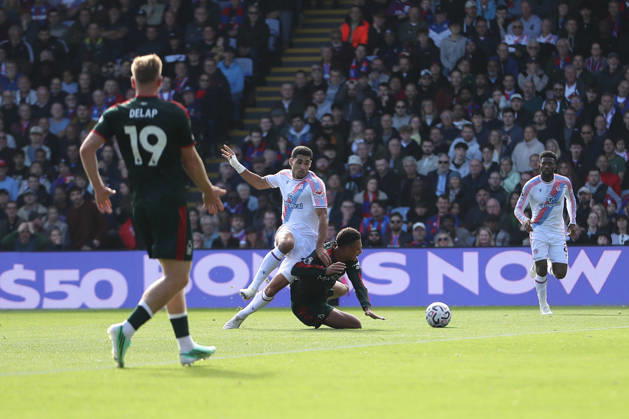 11th October 2026; Selhurst Park, London, England; Premier League Football, Crystal Palace versus Nottingham Forest; Dan Ndoye of Nottingham Forest goes down under challenge from Anan Khalaili of Crystal Palace, much to the displeasure of Nottingham Forest fans when no foul is given KatiexChan